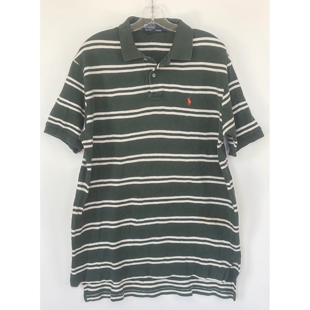 Polo Ralph Lauren Mens Green White Striped Short Sleeve Polo Shirt‎ Large Cotton